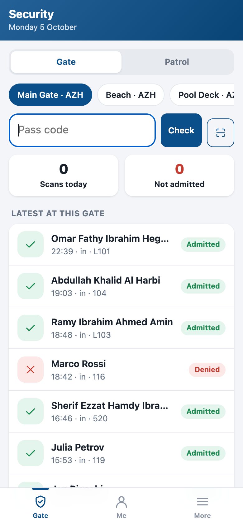 The gate on a guard's phone: pick the gate, type or scan the pass, admit or refuse — the latest movements below.