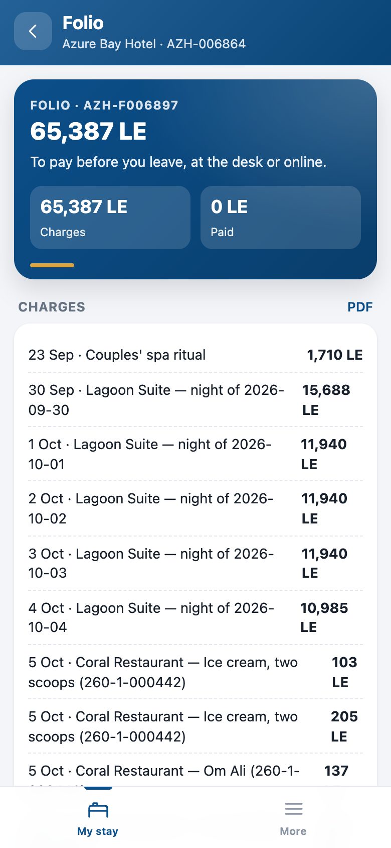 The folio on the phone: every charge as it is posted, what is paid, the balance — and the PDF.