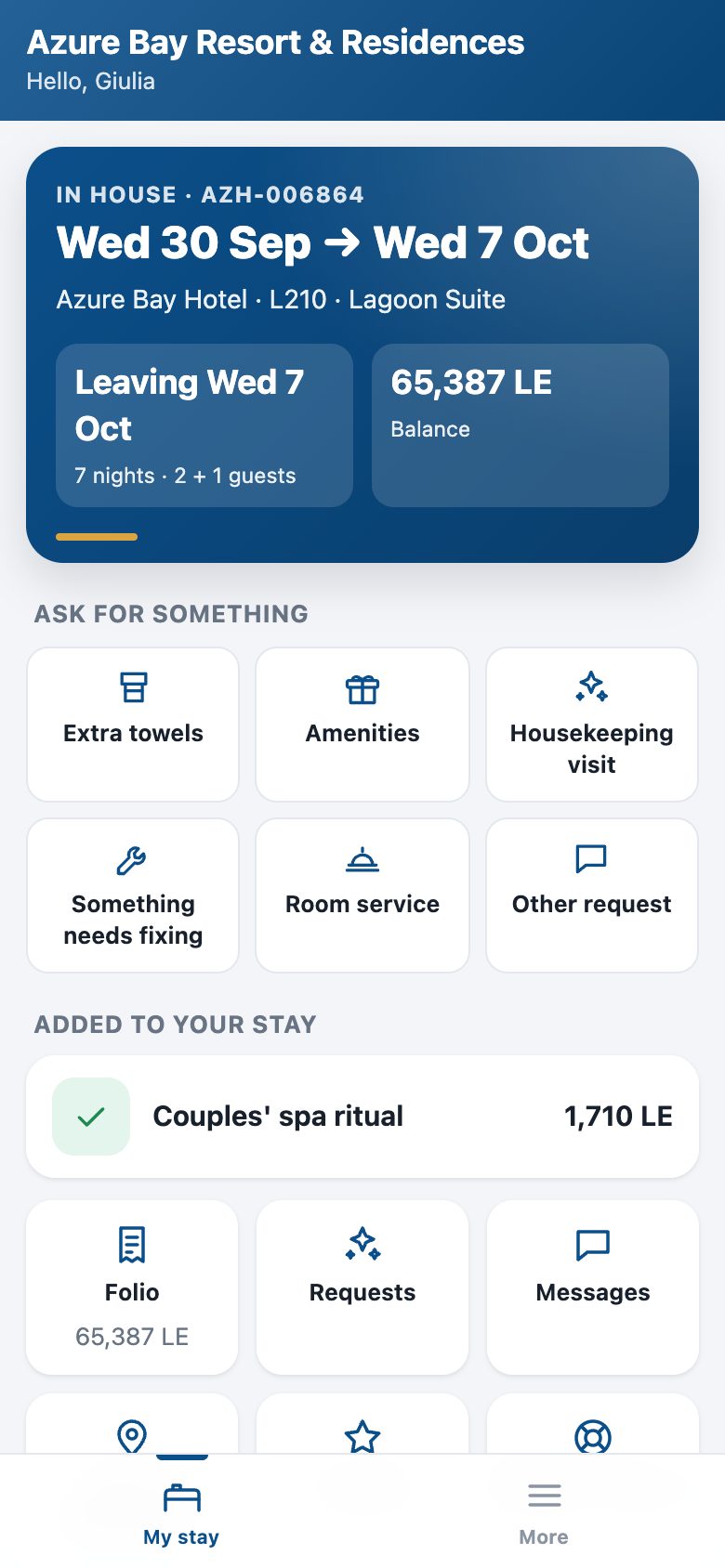 A guest's phone: the stay — dates, unit, nights and guests, the balance — and one tap to ask for anything.