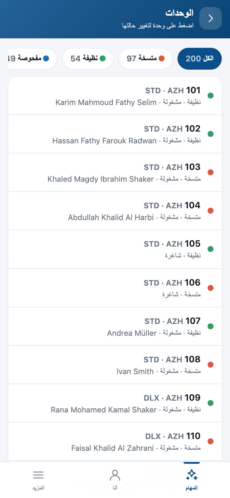 لوحة الوحدات: كل وحدة بحالتها — متسخة، نظيفة، تم فحصها، خارج الخدمة — ولمسة تحدد الحالة الجديدة.