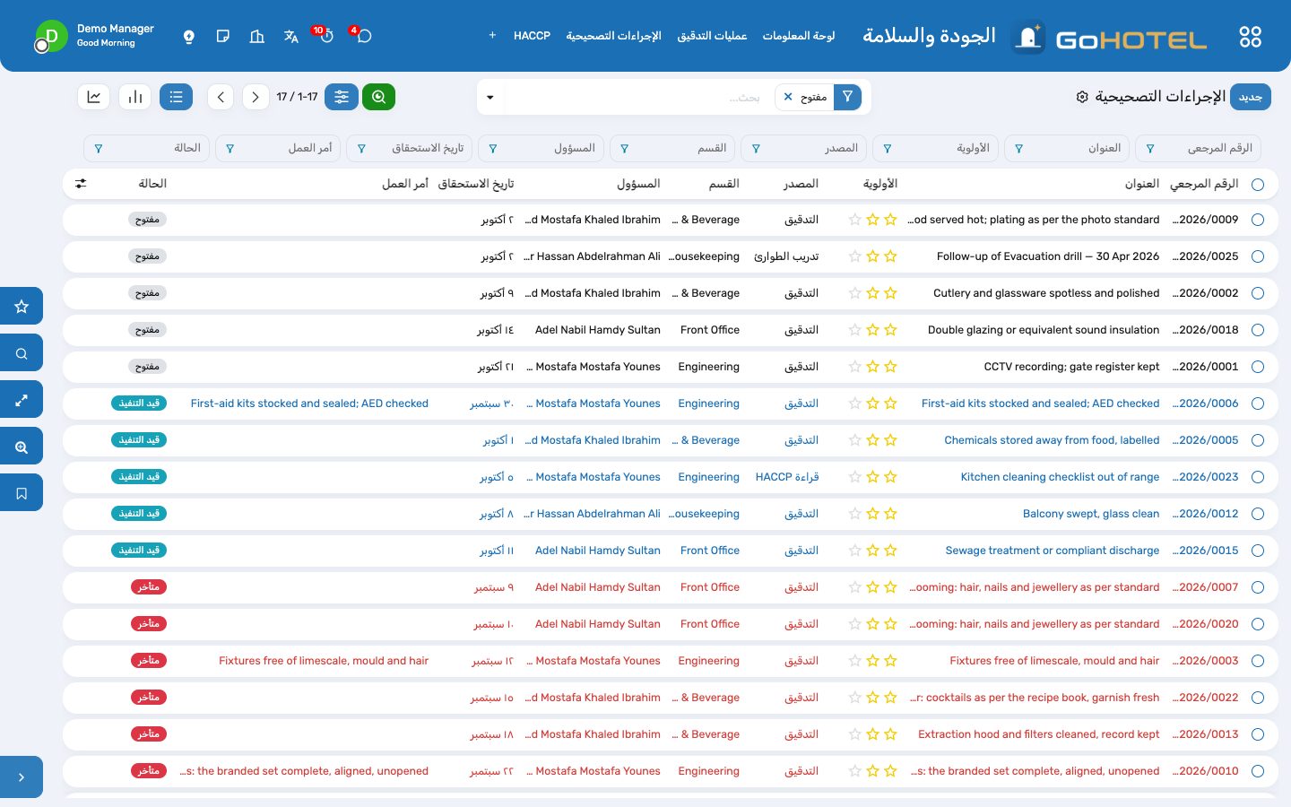 الإجراءات التصحيحية من عمليات التدقيق والحوادث والقراءات والتدريبات: المسؤول، وتاريخ الاستحقاق، والحالة، وأمر العمل.