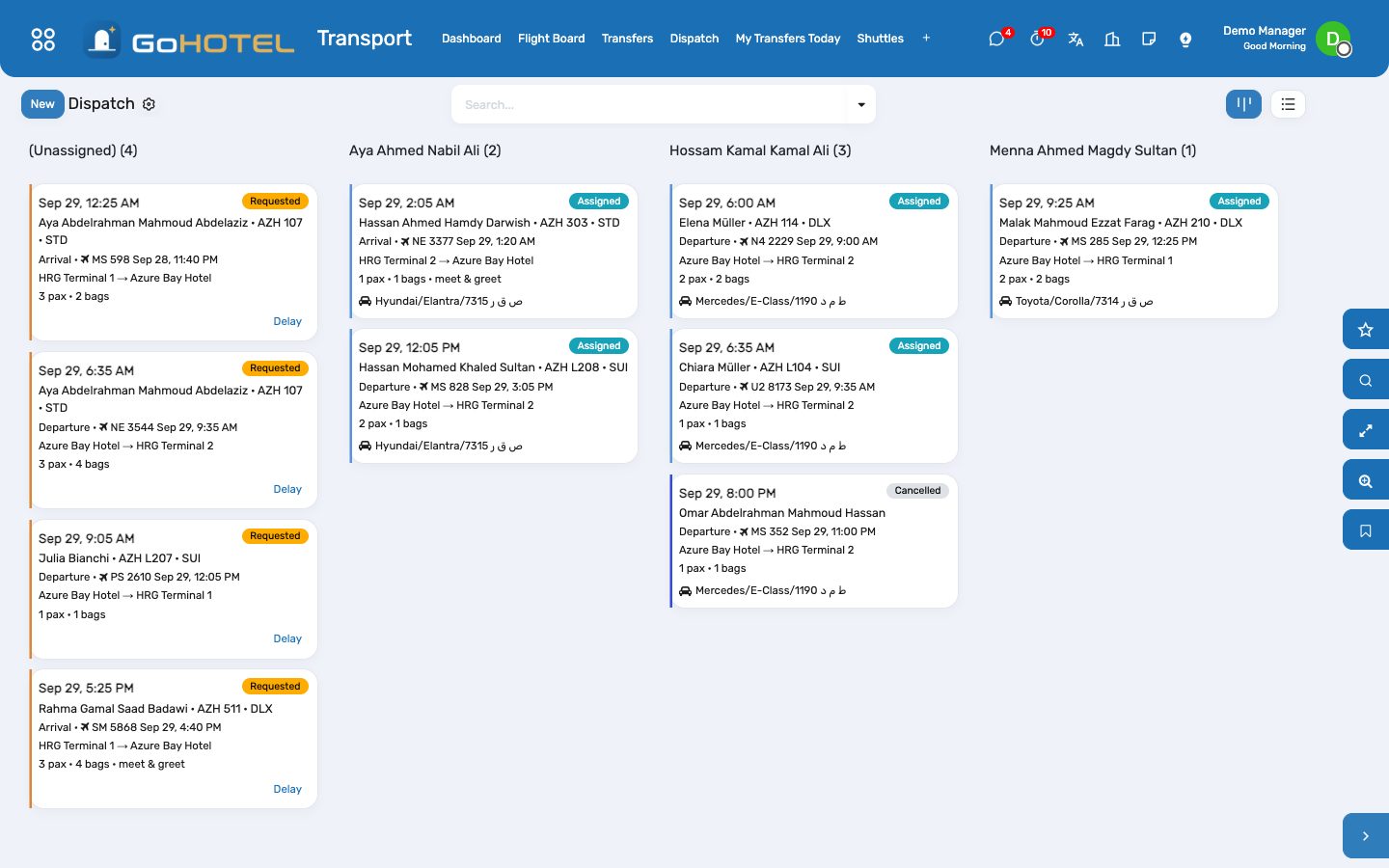 Dispatch: today's rides as cards by driver — drag a card onto a driver to assign it.