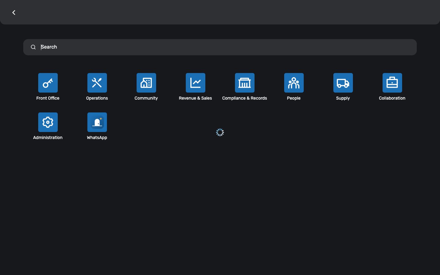 The app drawer: eight groups, one glyph per app — what you see follows your role.