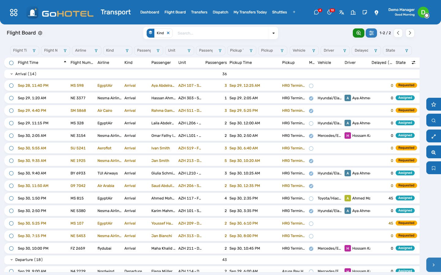 The flight board: today's and tomorrow's transfers by flight time, with Delay on every row.