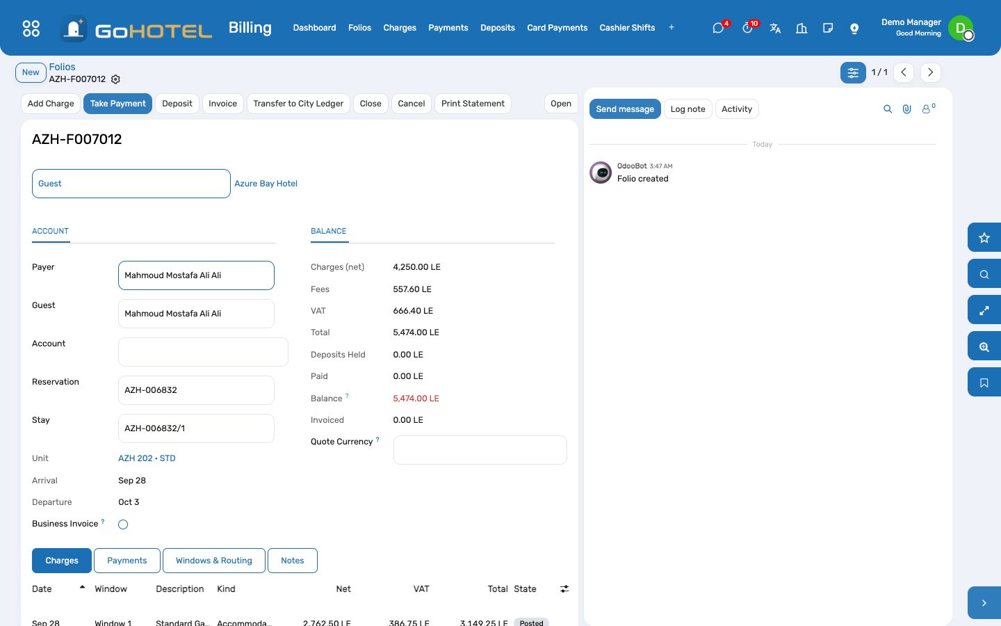 A folio: charges with their fee lines, payments, deposits, windows and routing.