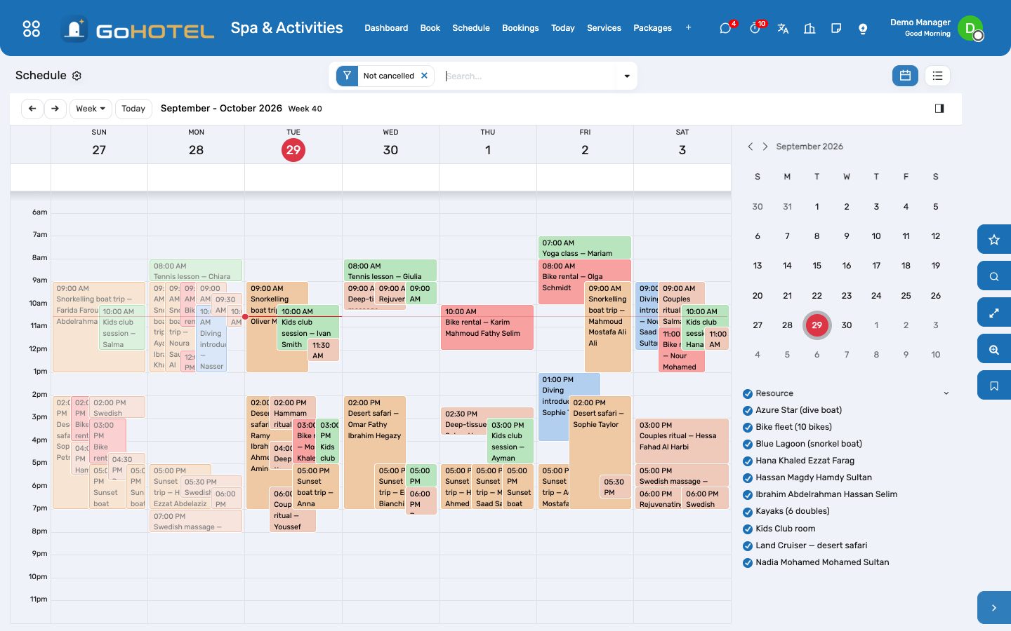 The schedule: a week per therapist, room, boat and court, coloured by kind; tick a resource on the left to see only their day.