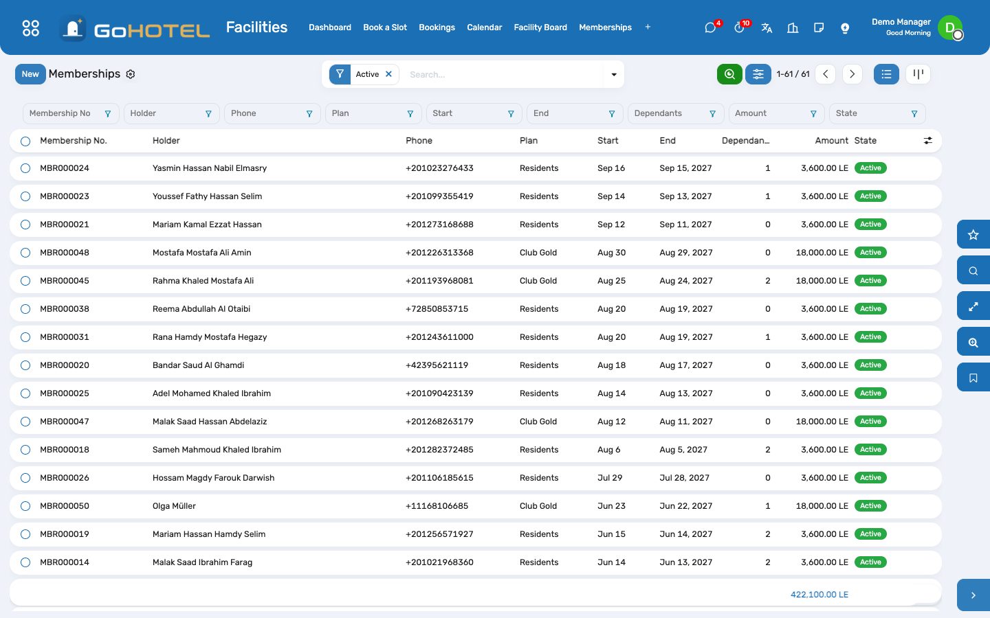 The membership register: holder, plan, validity, invoice and the expiring ones highlighted.
