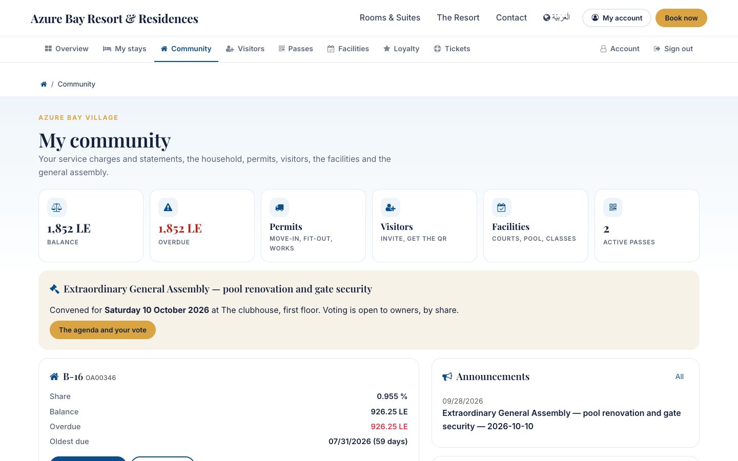 The owner's community page: balance and arrears, the accounts and their statement, the household, the assembly and what is coming up.