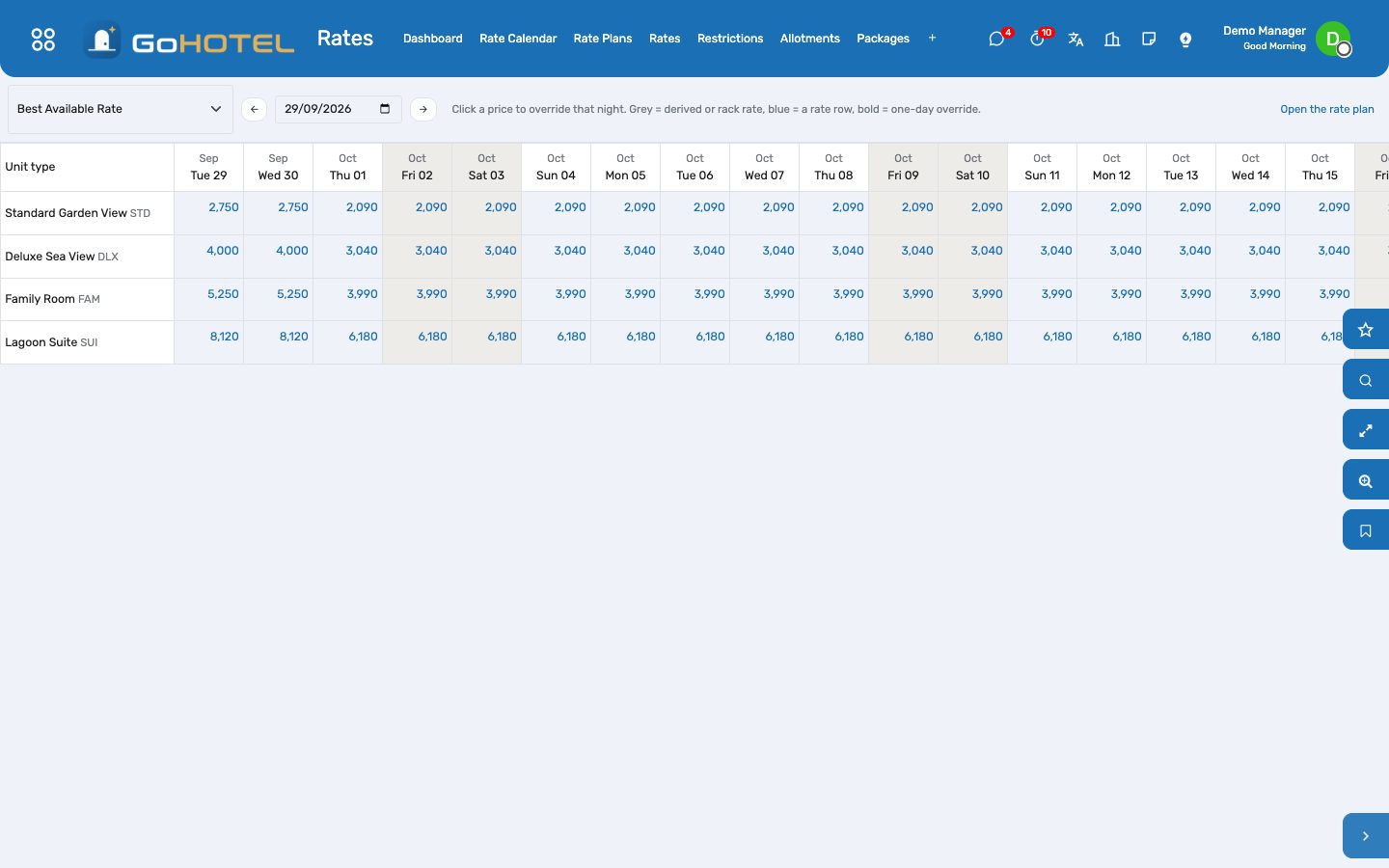 The rate calendar: unit types × nights for one plan; click a cell to override a night.