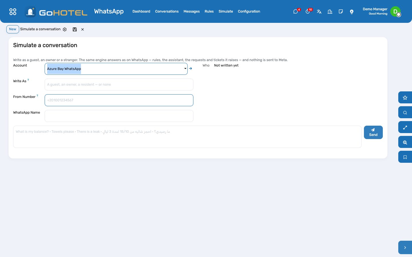 Simulate: write as a guest, an owner or a stranger and see exactly what the property answers — nothing is sent to WhatsApp.